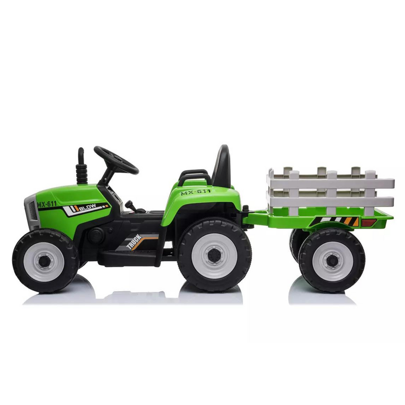 Green 12v Electric Ride On Tractor & Trailer
