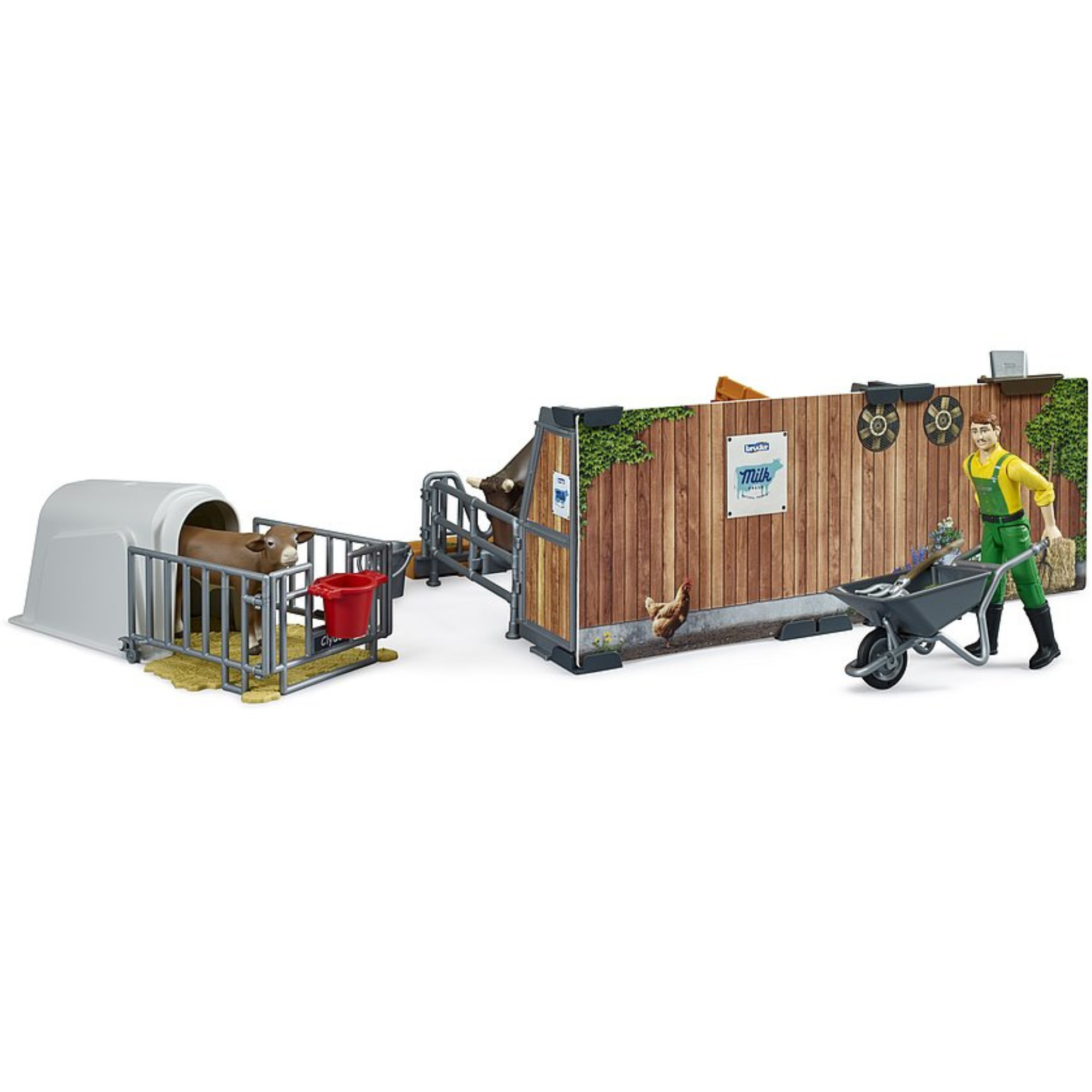 Bruder Toys BWorld Cow & Calf Barn with Farmer 62611