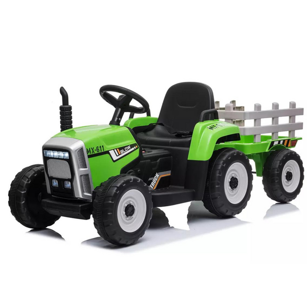 Green 12v Electric Ride On Tractor Trailer
