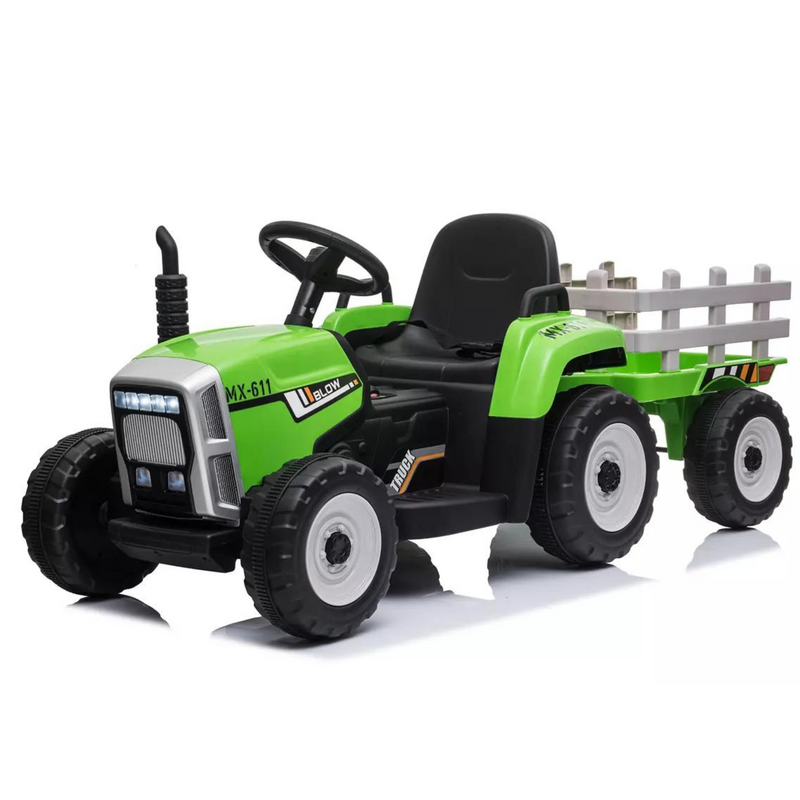 Green 12v Electric Ride On Tractor Trailer