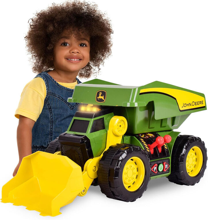 John Deere 2-in-1 Dig Rig Toy Dump Truck & Front Loader and child