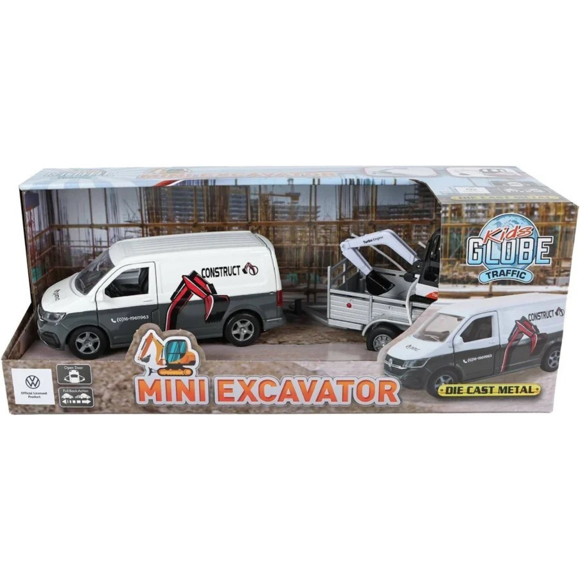 Kids Globe Toy VW Transporter with Mini Excavator and Trailer