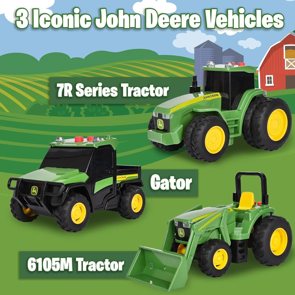 Tomy John Deere Realistic Farm Vehicles 3 Pack – With Lights, Sounds &amp; Pull-Back Action