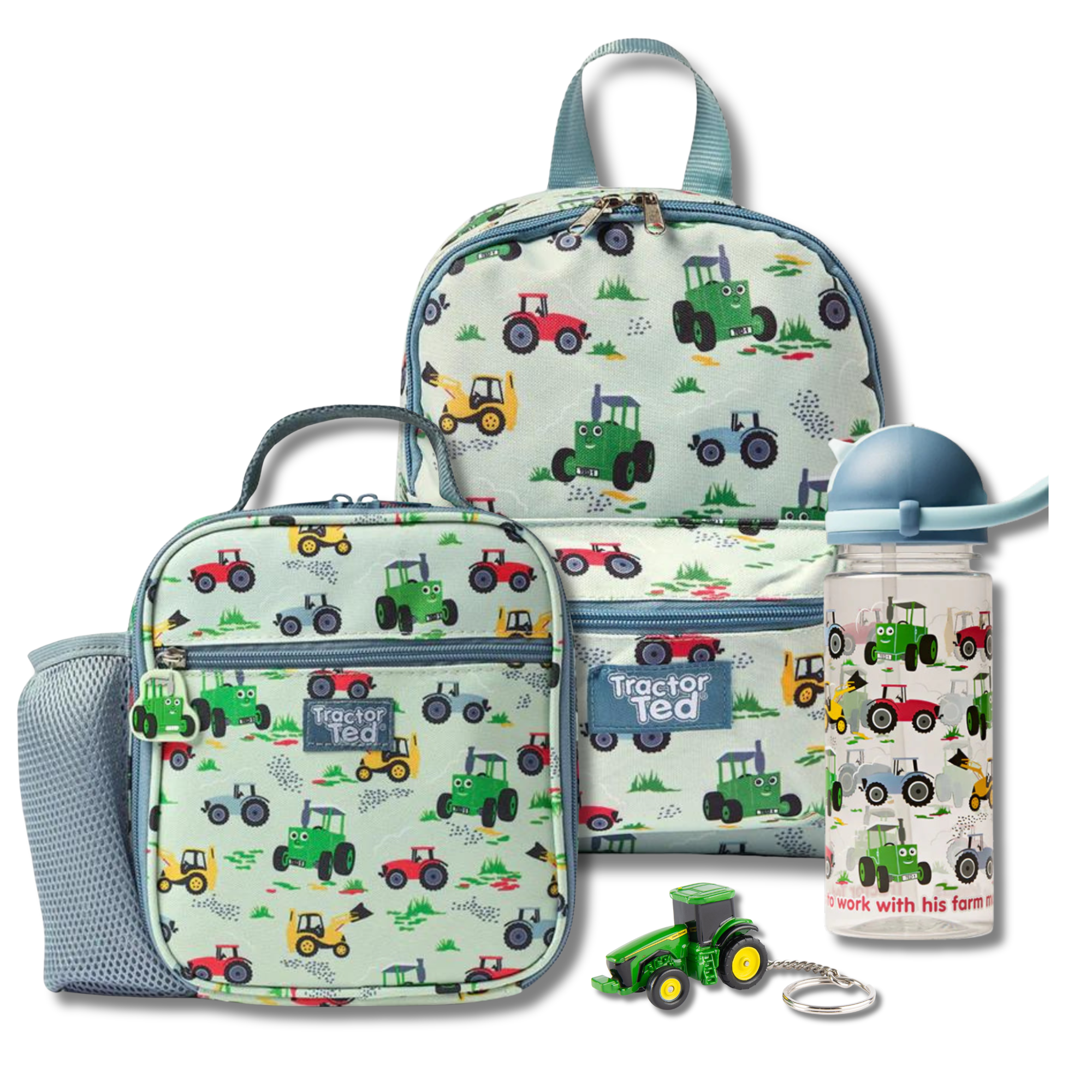 Tractor Ted Machines Bundle | Rucksack, Lunch Bag & Water Bottle with Free John Deere Keyring