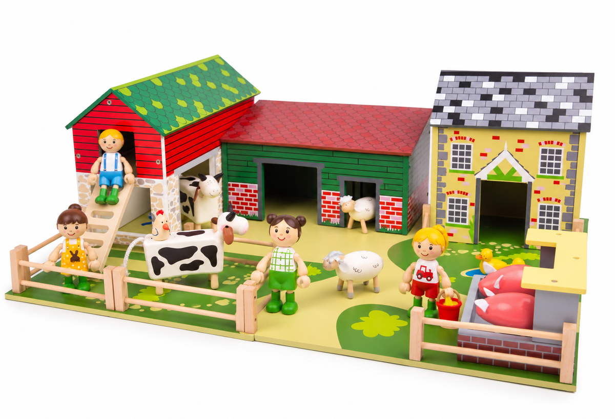 Wooden Oldfield Farm with Animals & People