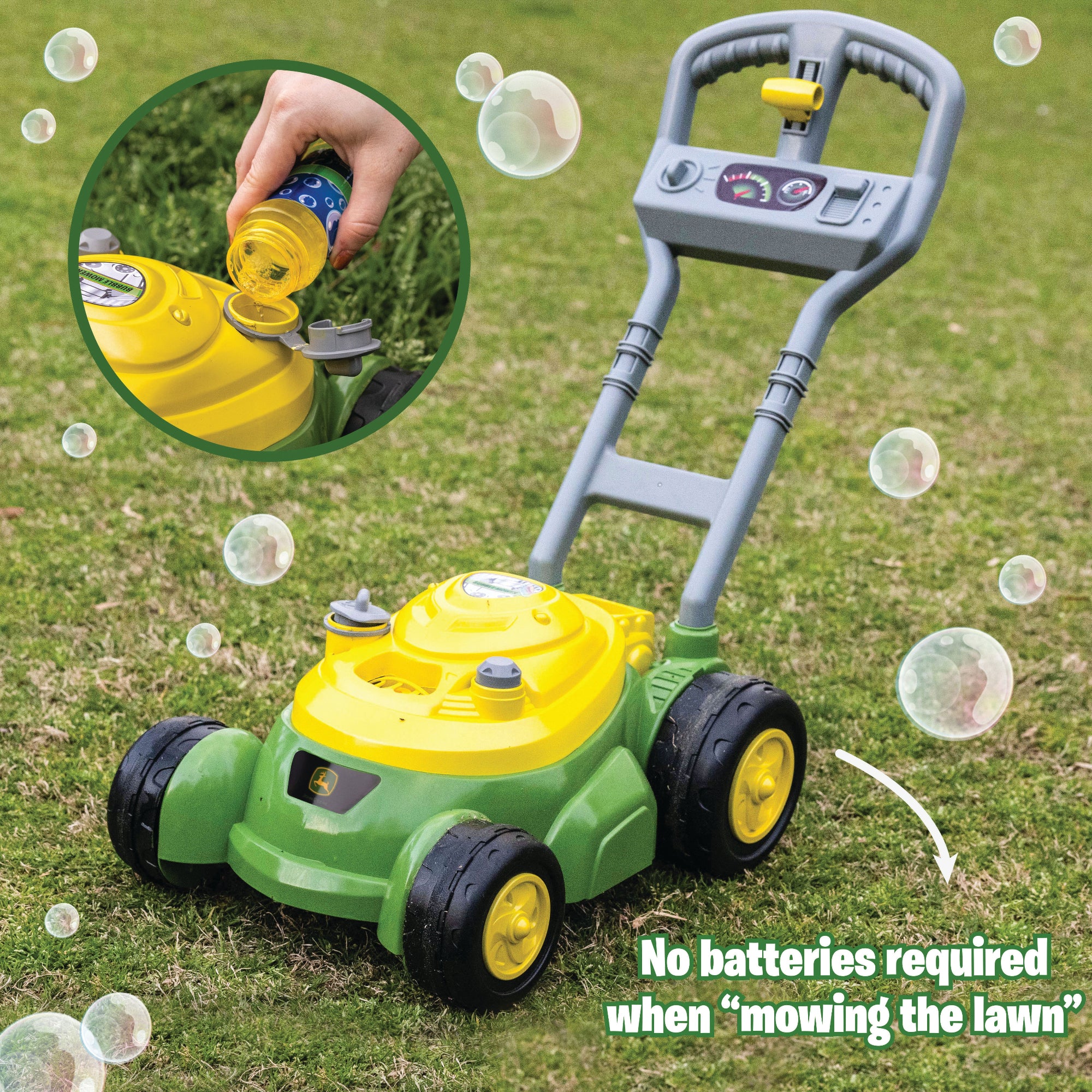 John Deere Bubble Mower toy on lawn