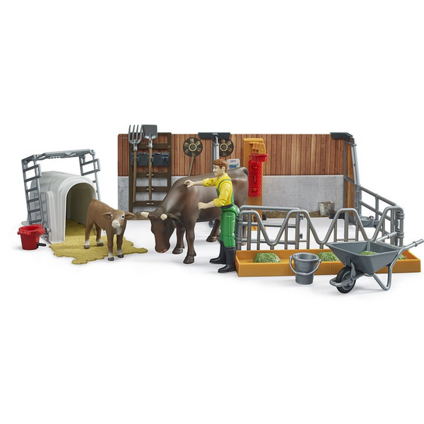 Bruder Toys BWorld Cow & Calf Barn with Farmer 62611